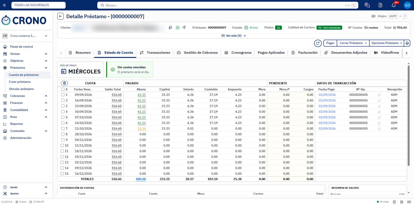 Estado de cuenta con el detalle de cada cuota: abono, capital, interés, comisión, impuesto, mora y cargos