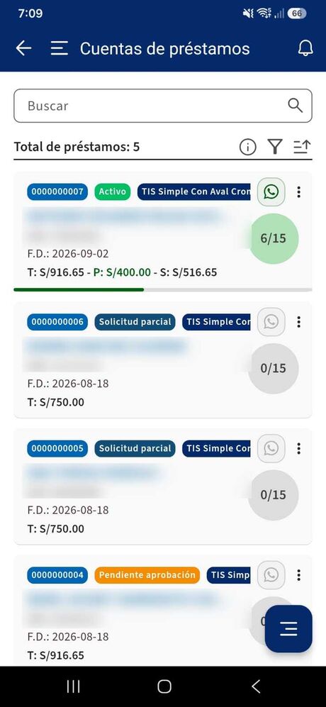 Lista de cuentas de préstamos en la app con avance de cuotas