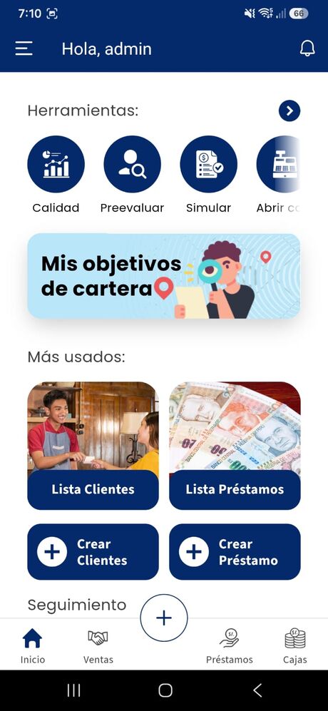 Pantalla de inicio de la app con herramientas y accesos más usados