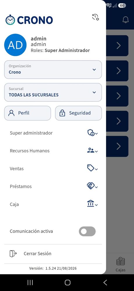 Menú lateral de la app con organización, sucursal y roles del usuario