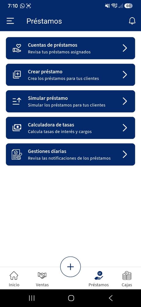 Menú de préstamos de la app